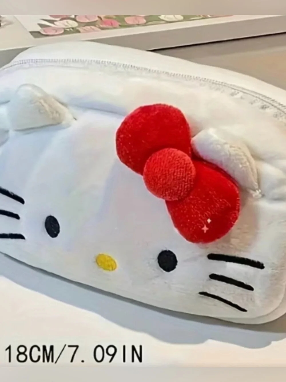 Hello Kitty Kids Plush Cartoon Face Make Up/p Pencil Case - White with Red Bow
